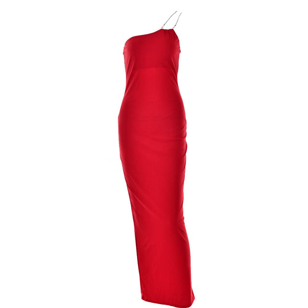 Metal chain one shoulder solid slit maxi dress  | red tango dress