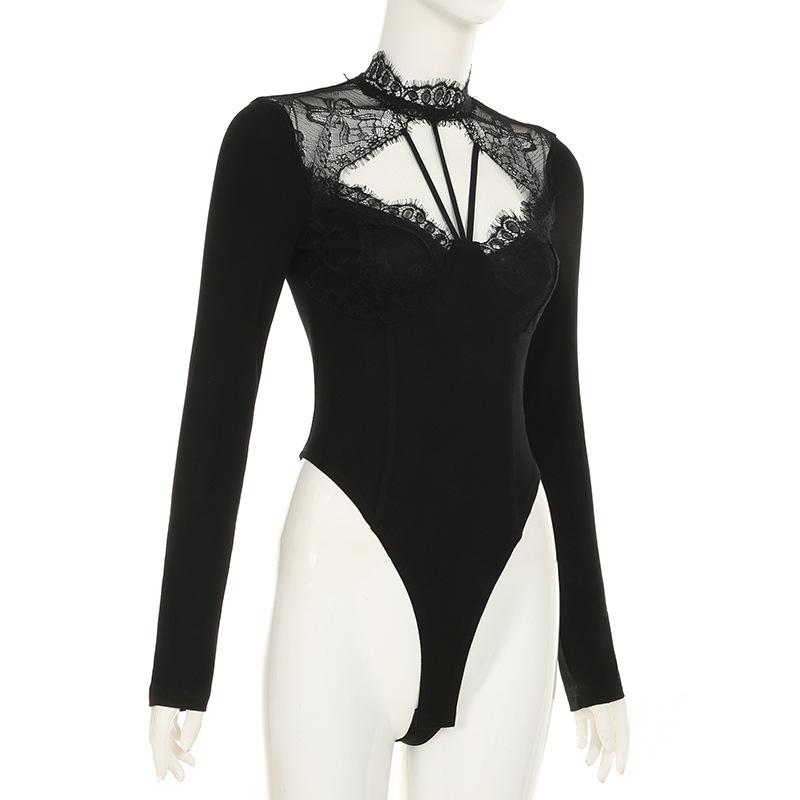 Long sleeve lace hem hollow out bodysuit