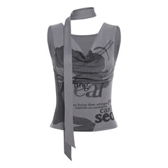 Cowl neck letter print sleeveless contrast crop top