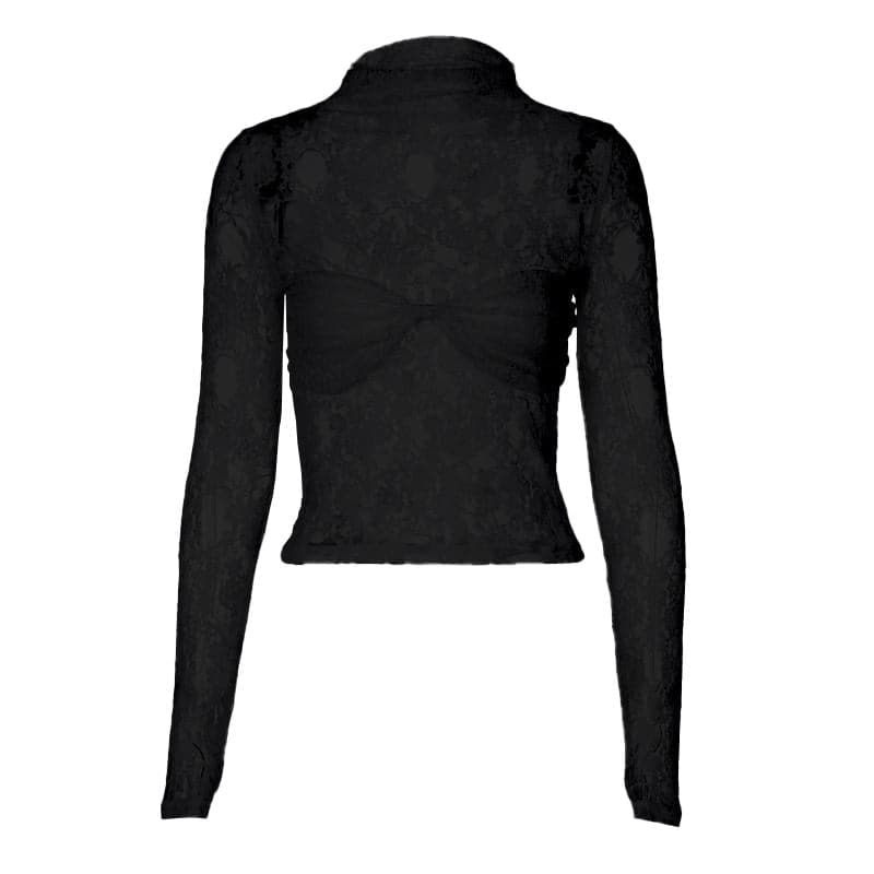 Long sleeve high neck lace see through ruched top