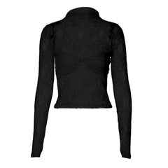 Long sleeve high neck lace see through ruched top