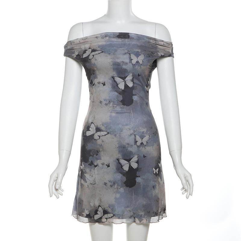 Off shoulder butterfly print ruched mini dress