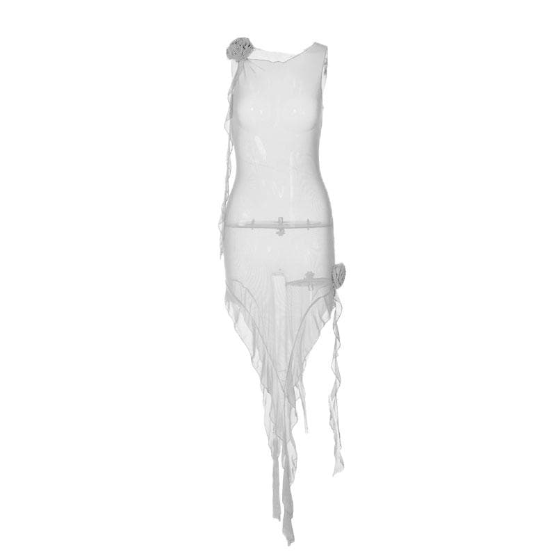 Ruffle sheer mesh see through flower applique ribbon sleeveless midi dress  | red tango dress  | samba dress