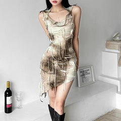 Cowl neck hoodie tie dye irregular mini dress