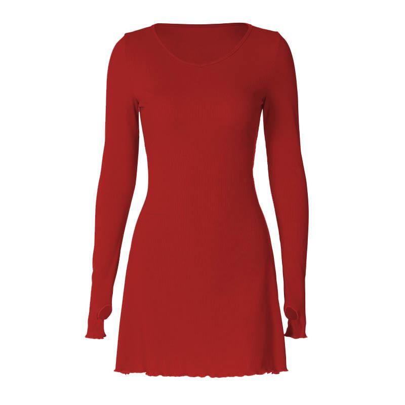 Ribbed solid long sleeve gloves lace up ruffle mini dress  | red tango dress