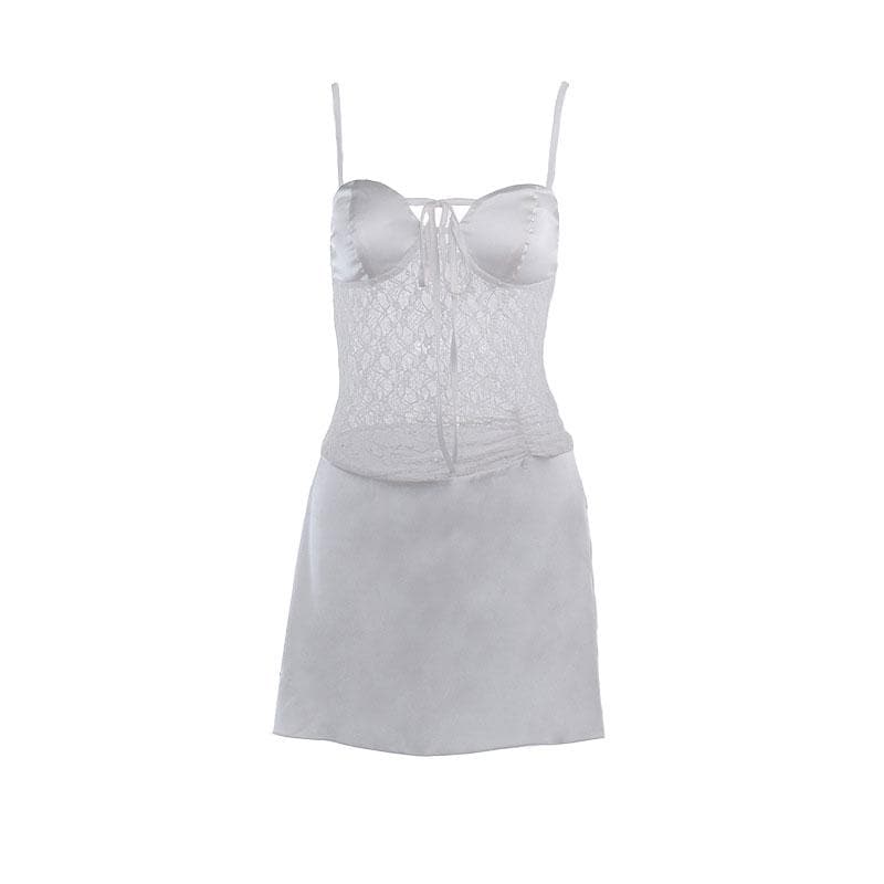 Lace patchwork self tie solid ruched backless cami mini dress