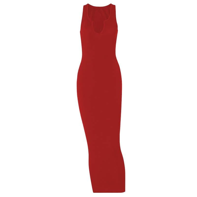 Ribbed notch neck sleeveless low cut solid maxi dress  | red tango dress