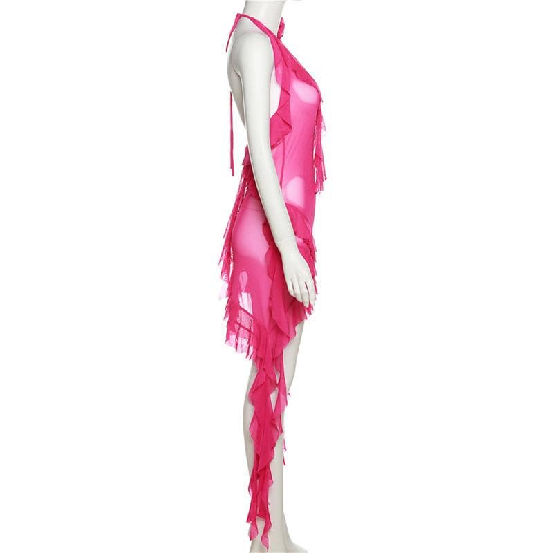 See through halter sheer mesh ruffle flower applique mini dress  | red tango dress  | samba dress