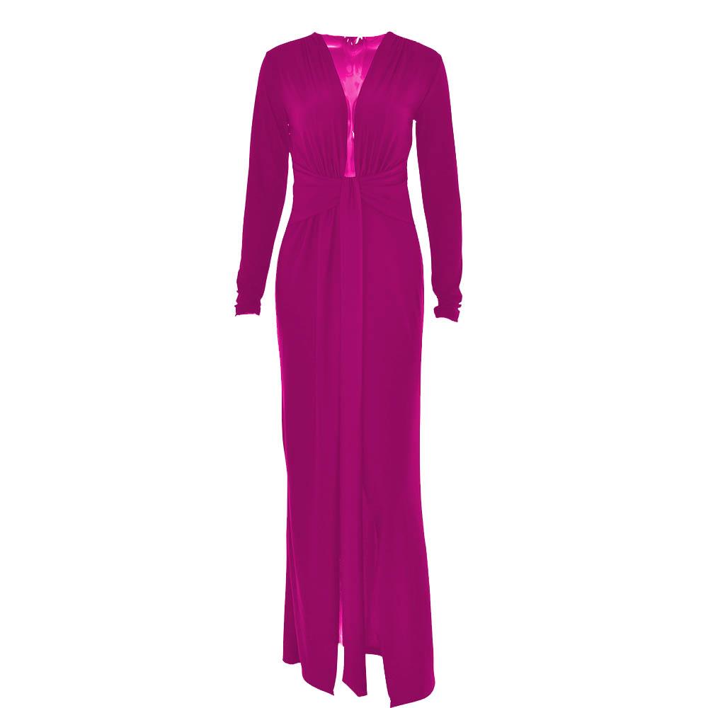 Long sleeve v neck ruched slit solid irregular maxi dress  | red tango dress
