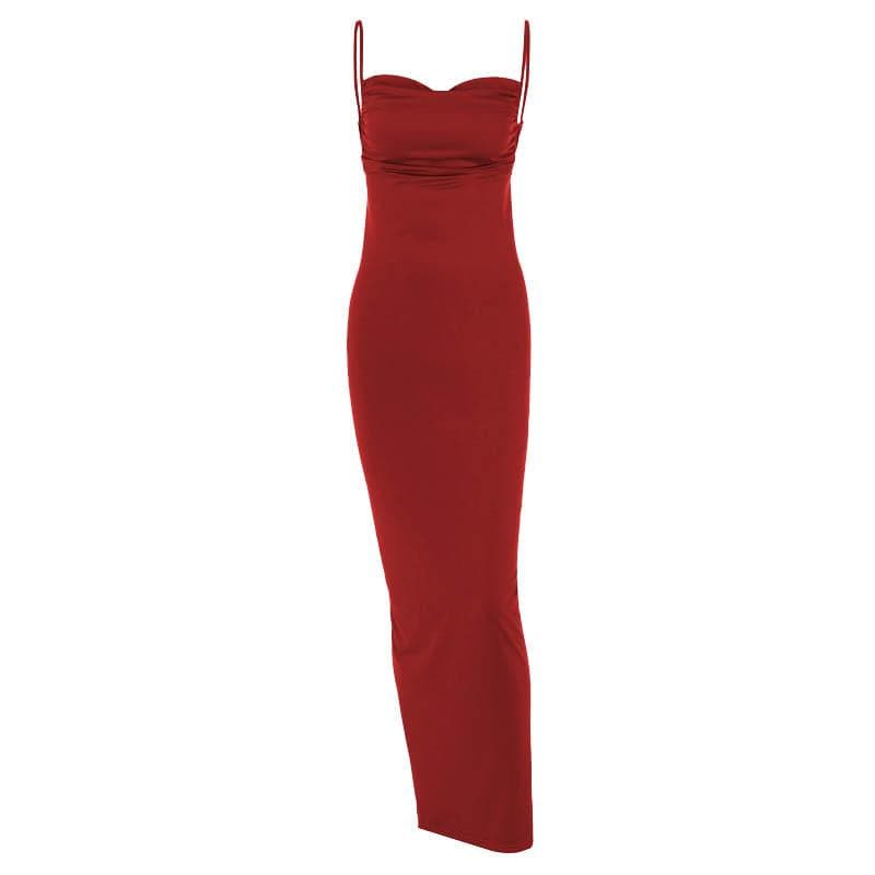 Ruched solid backless cowl neck cami maxi dress  | red tango dress