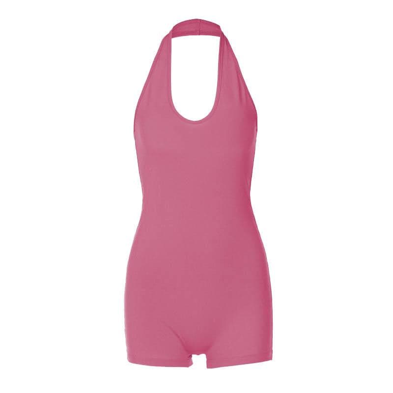 Halter u neck backless solid sleeveless romper