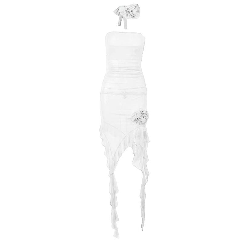 Solid slit sheer mesh see through flower applique mini dress  | red tango dress  | samba dress