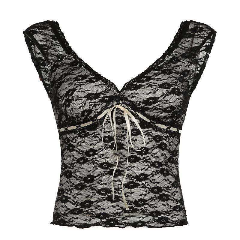 Cap sleeve v neck lace knotted backless top