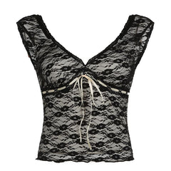 Cap sleeve v neck lace knotted backless top