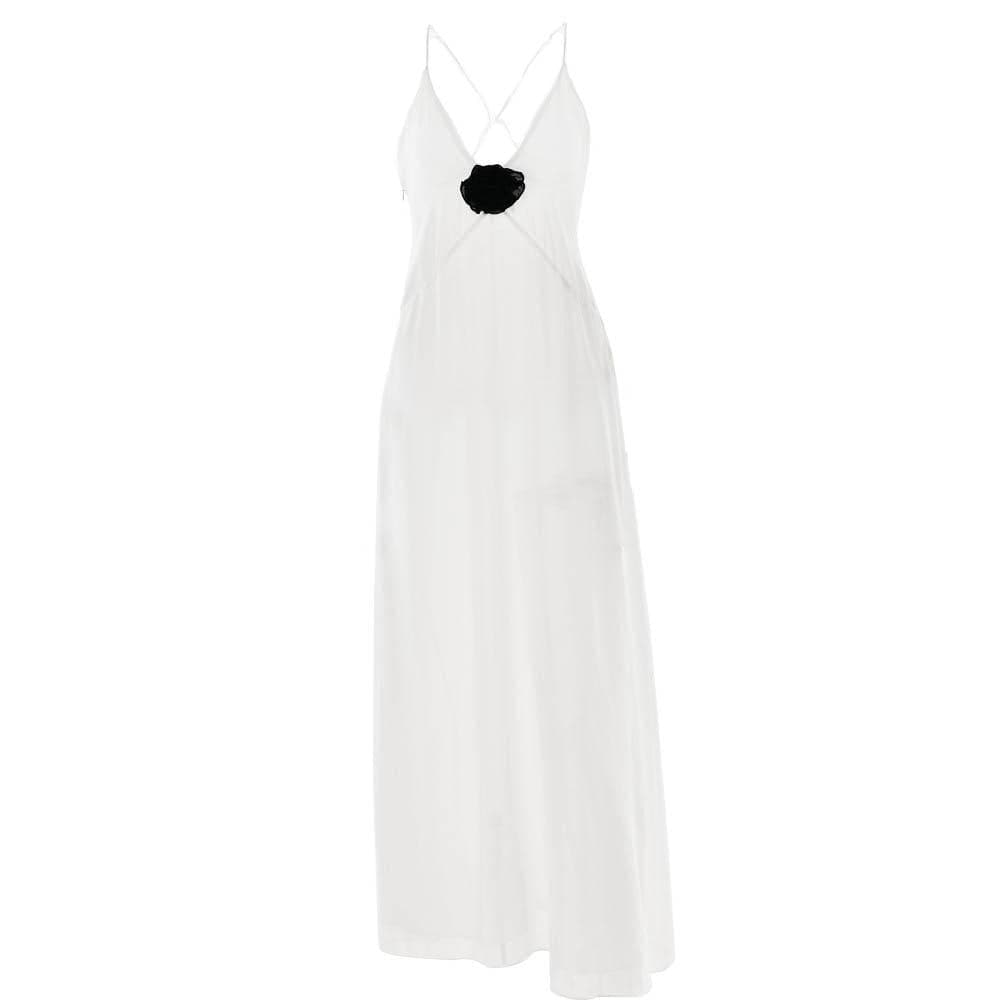 Flower applique v neck ruched zip-up cross back maxi dress  | black rave dress  | black rave dress