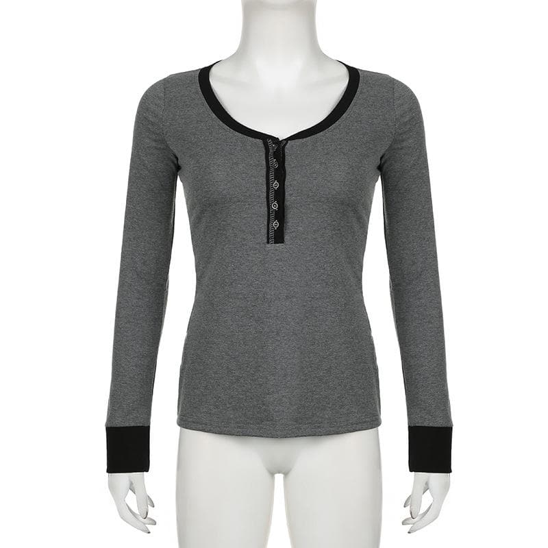Button contrast stitch long sleeve v neck top