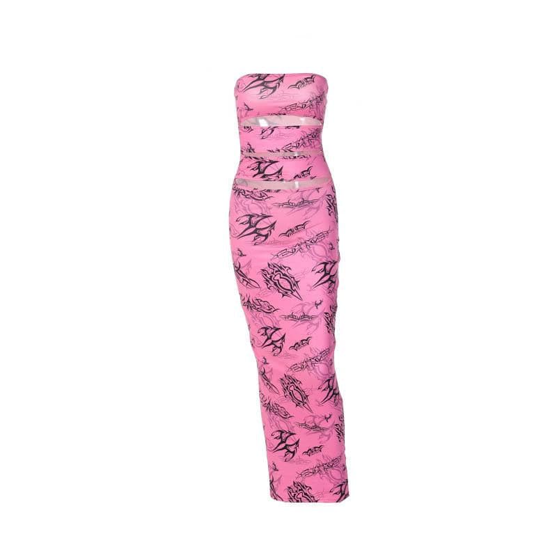 Abstract contrast hollow out backless tube maxi dress