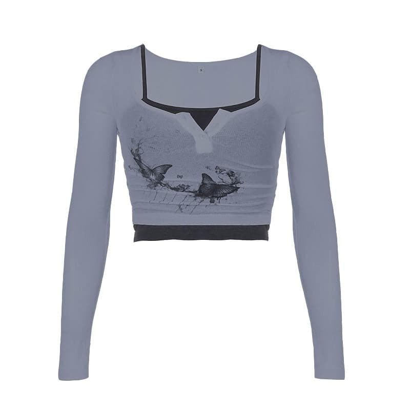 Butterfly pattern long sleeve button contrast 2 piece crop top