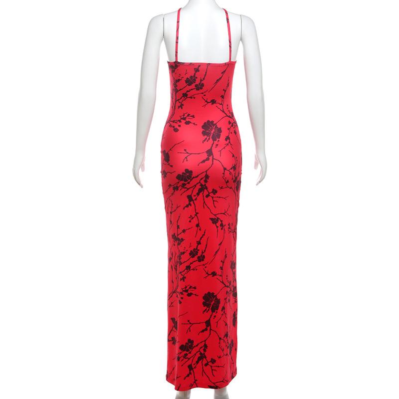 Print cross front ruched cami maxi dress  | red tango dress