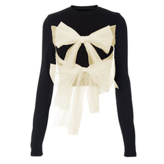Long sleeve crewneck bowknot mesh contrast top