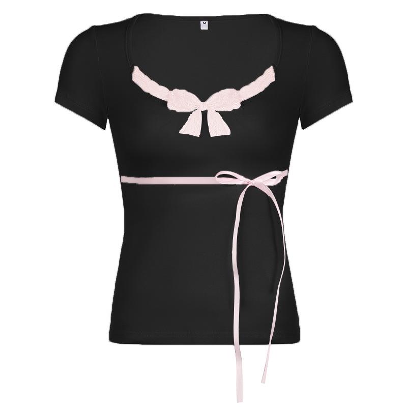 Short sleeve u neck bowknot lace hem top
