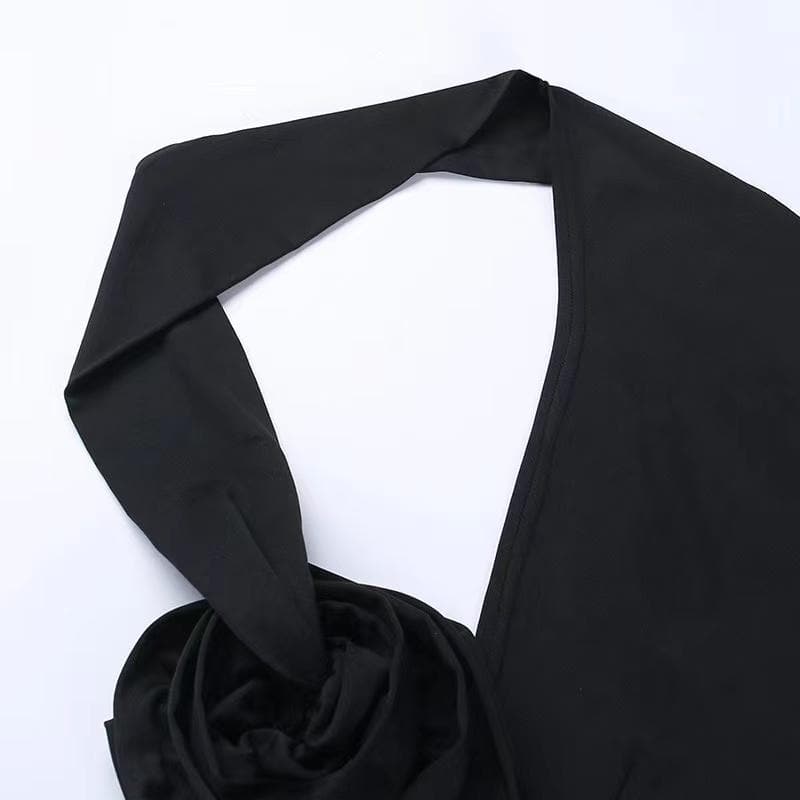 Halter solid flower applique ribbon backless sleeveless crop top