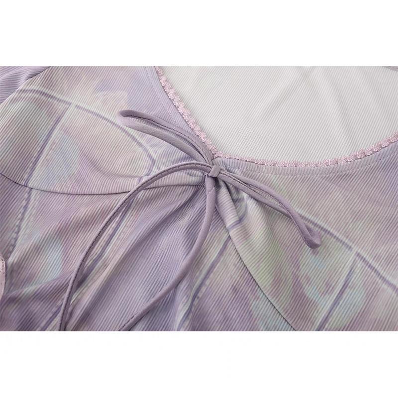V neck long sleeve lace hem mesh patchwork bowknot top