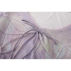 V neck long sleeve lace hem mesh patchwork bowknot top