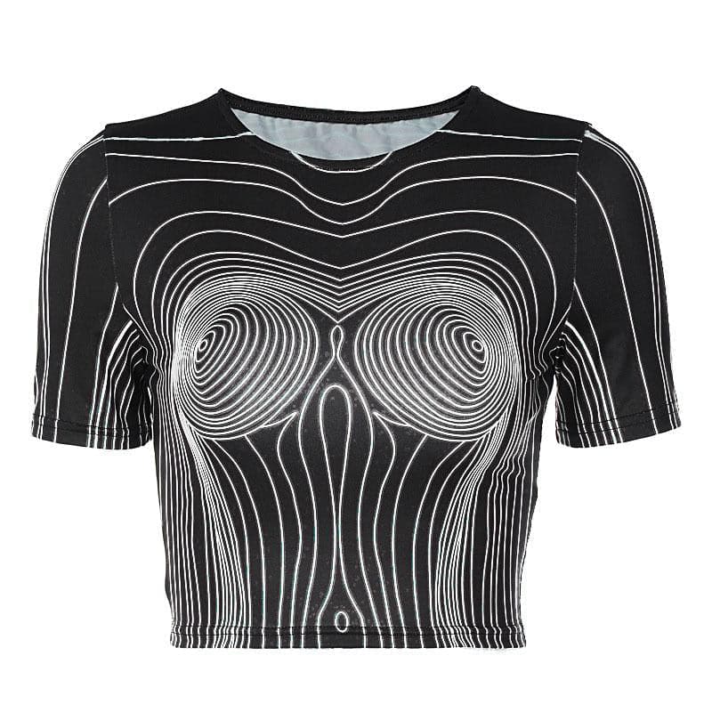 Short sleeve round neck contrast abstract print crop top