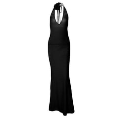 Solid v neck halter backless flower applique self tie maxi dress  | red tango dress