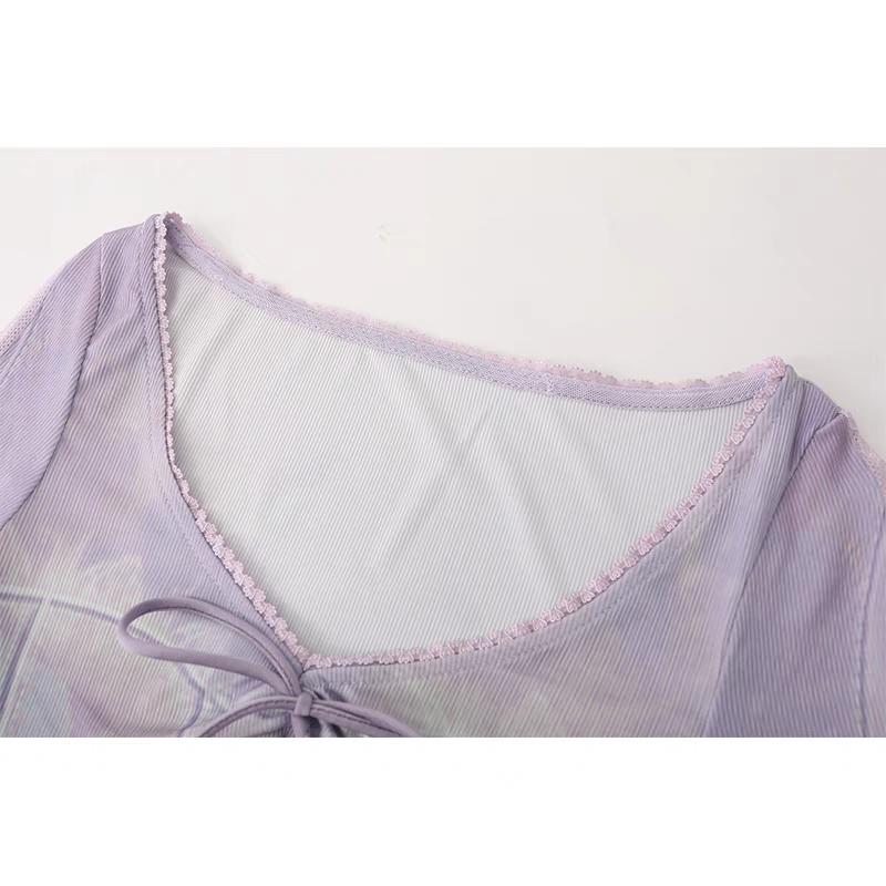 V neck long sleeve lace hem mesh patchwork bowknot top
