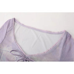 V neck long sleeve lace hem mesh patchwork bowknot top
