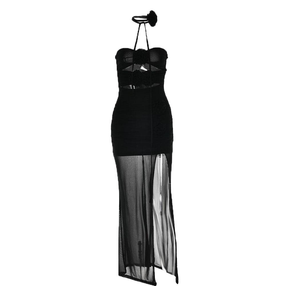 Flower applique sheer mesh hollow out solid backless zip-up slit tube midi dress  | samba dress