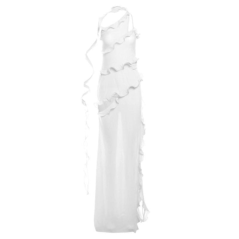 One shoulder ruffle irregular high slit maxi dress  | red tango dress