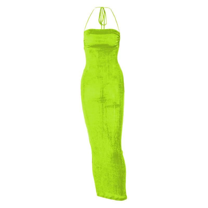 Halter ruched backless lace up solid self tie maxi dress