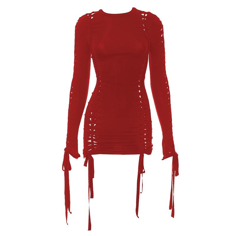 Hollow out self tie long sleeve solid crewneck mini dress  | red tango dress