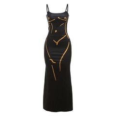 U neck body print backless contrast cami maxi dress