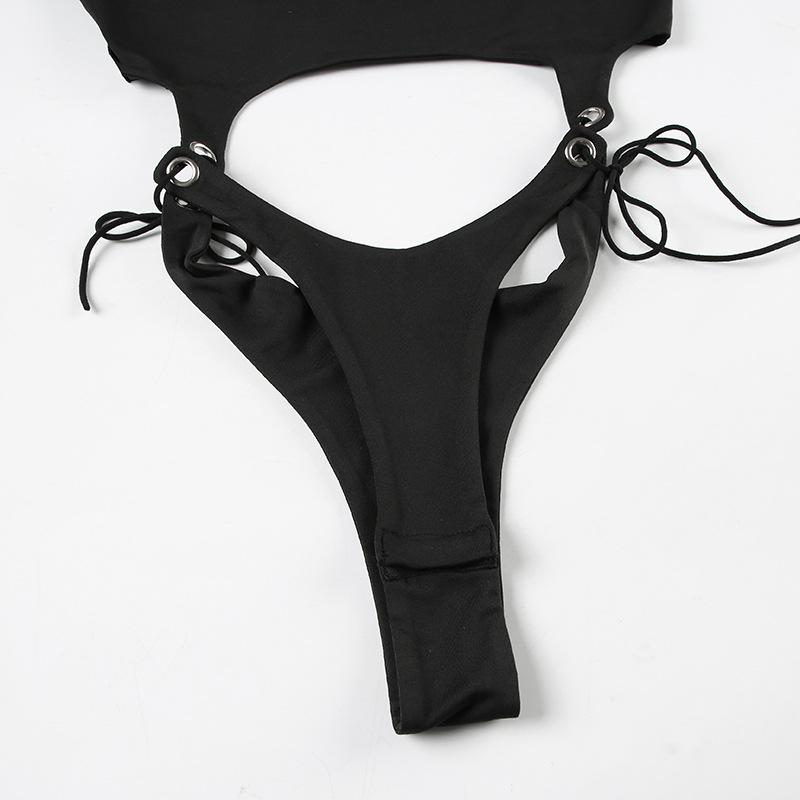 High neck long sleeve hollow out self tie bodysuit