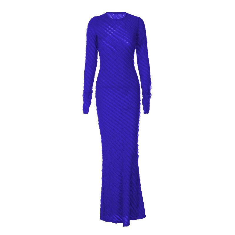 Textured long sleeve crewneck ruffle solid maxi dress  | red tango dress