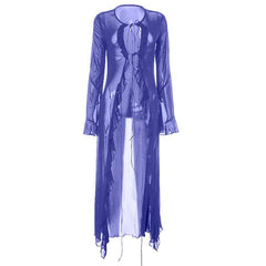 Flared sleeve ruffle sheer mesh see through self tie maxi dress  | samba dress