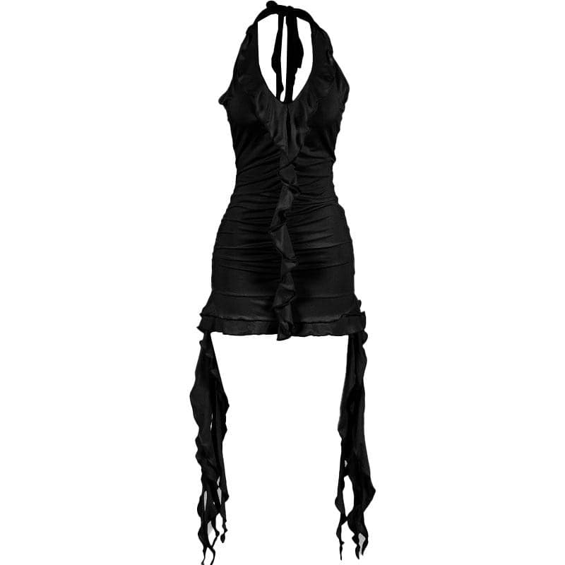 Self tie halter ruffle ruched v neck ribbon backless mini dress  | red tango dress