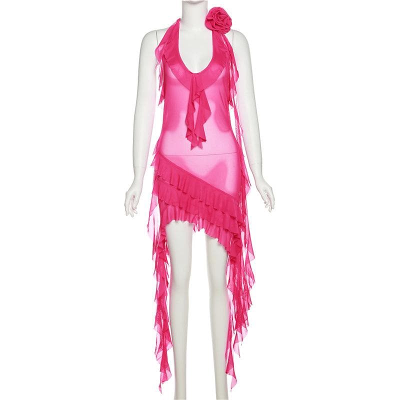 See through halter sheer mesh ruffle flower applique mini dress  | red tango dress  | samba dress