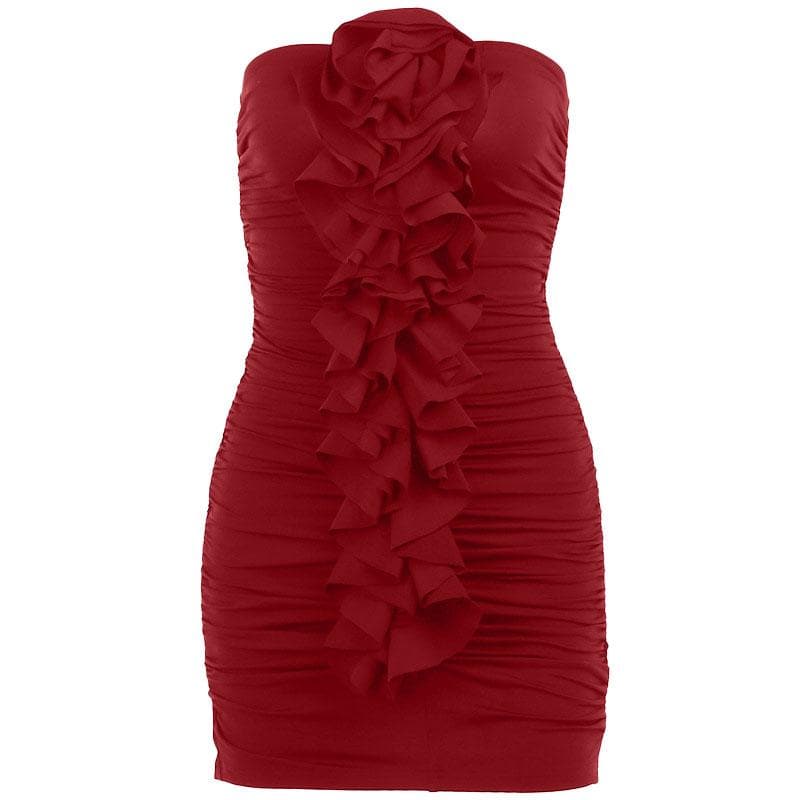 Solid ruched ruffle flower applique backless tube mini dress  | red tango dress