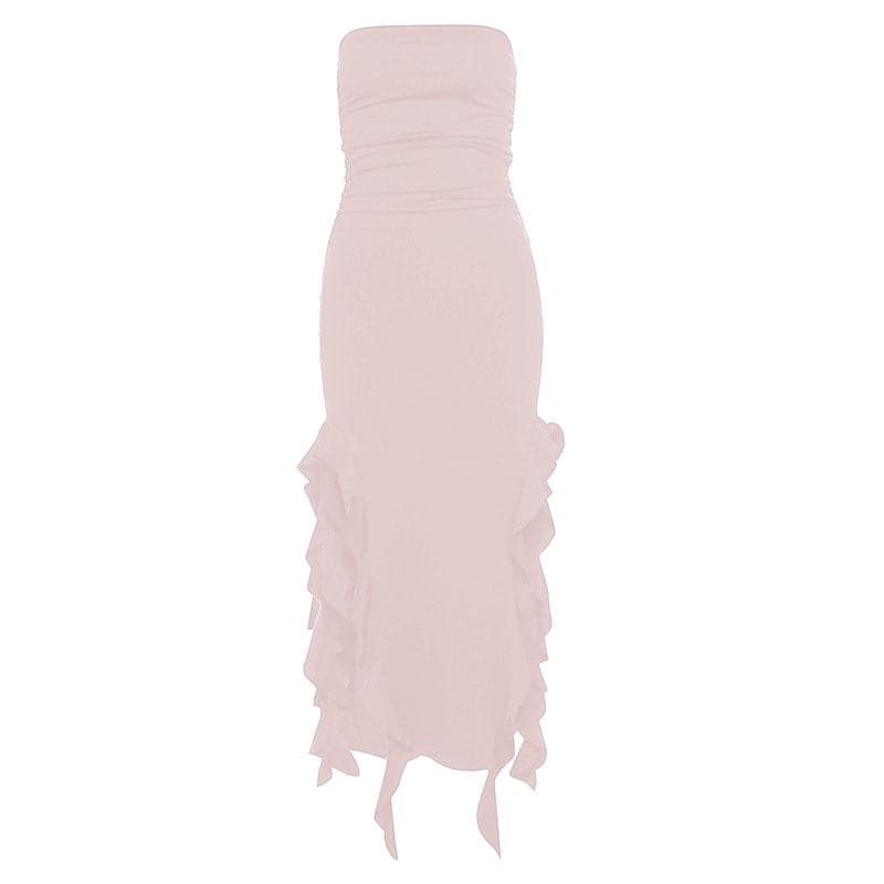Solid slit irregular ruffle ribbon backless tube midi dress  | red tango dress
