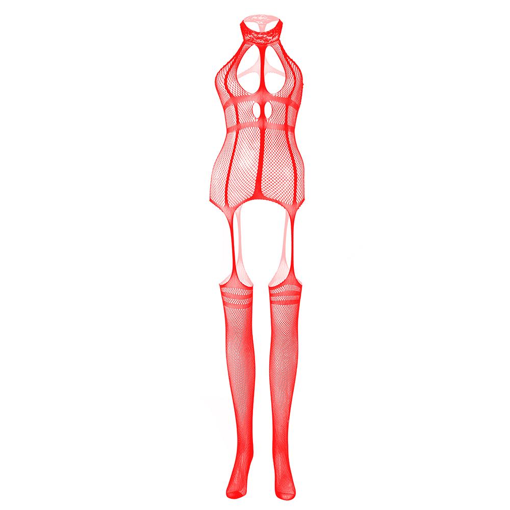 High neck fishnet suspender strappy bodystocking