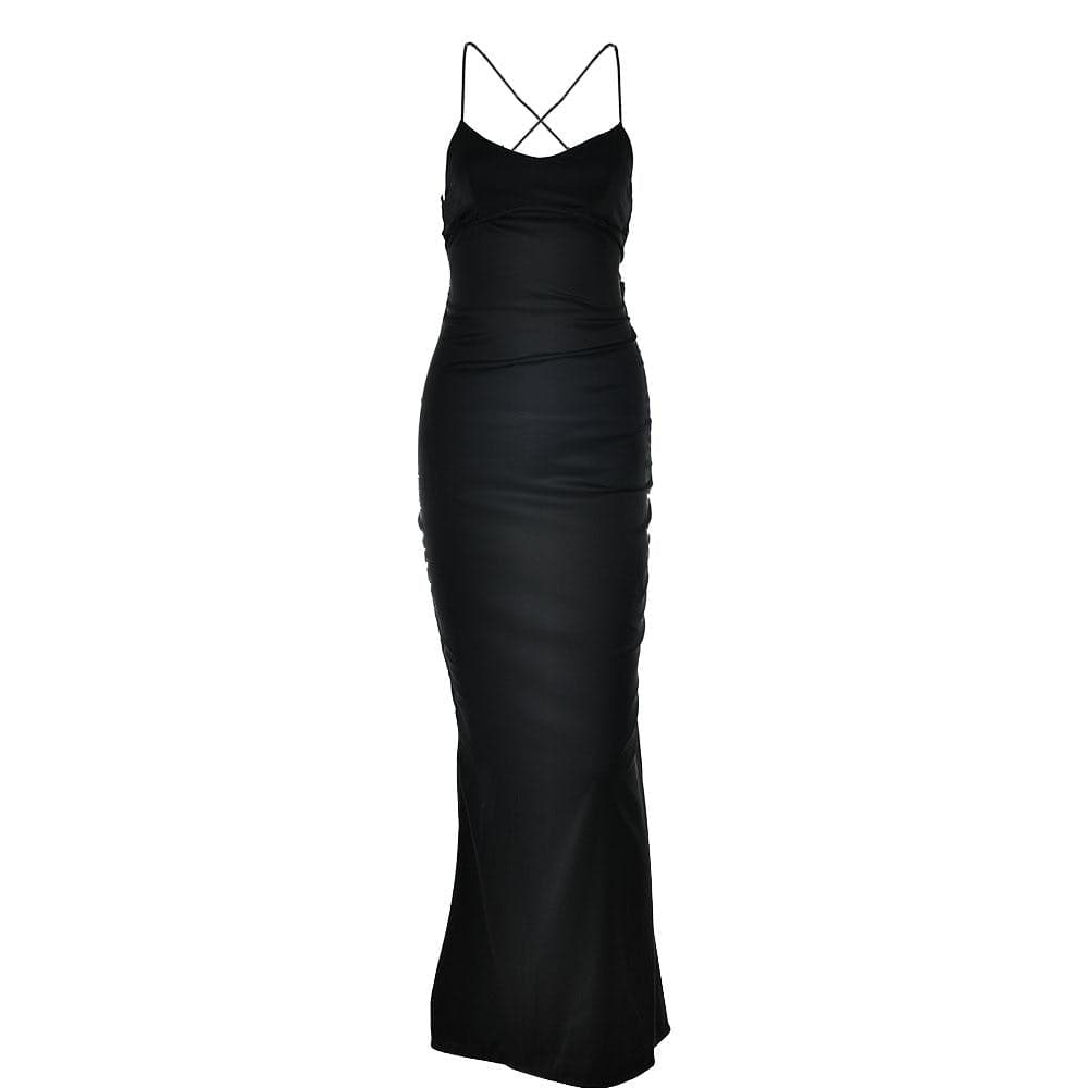 Satin solid lace up cross back v neck low cut maxi dress  | black rave dress  | black rave dress