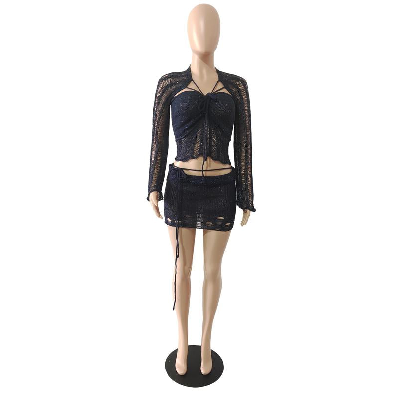Glitter knitted long sleeve hollow out 3 piece mini skirt set