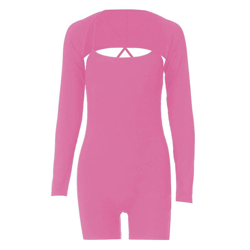 Solid ribbed cross back long sleeve shrug romper