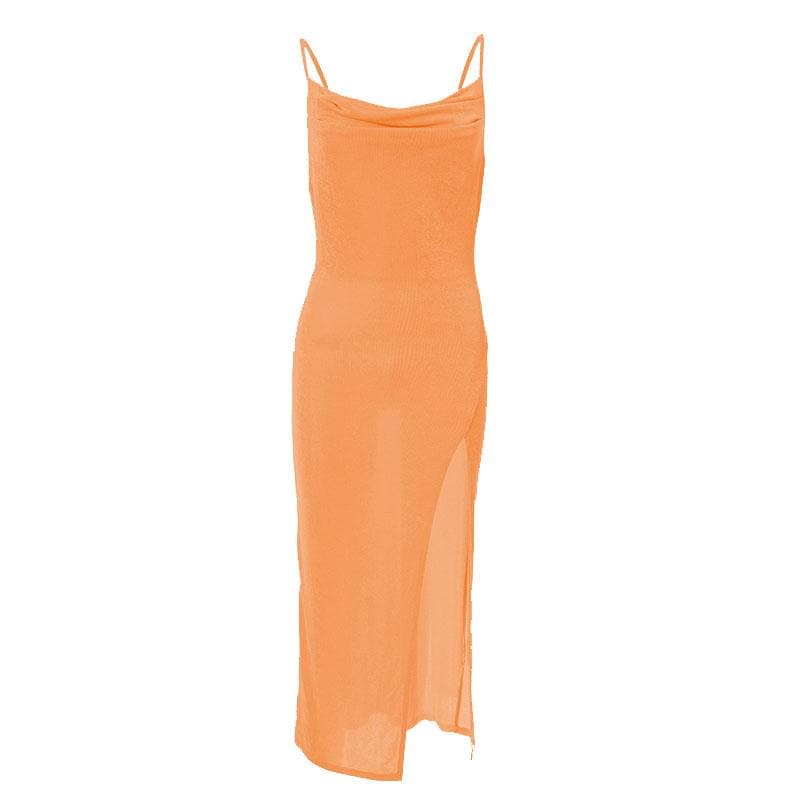 Cowl neck slit backless solid irregular cami midi dress  | red tango dress