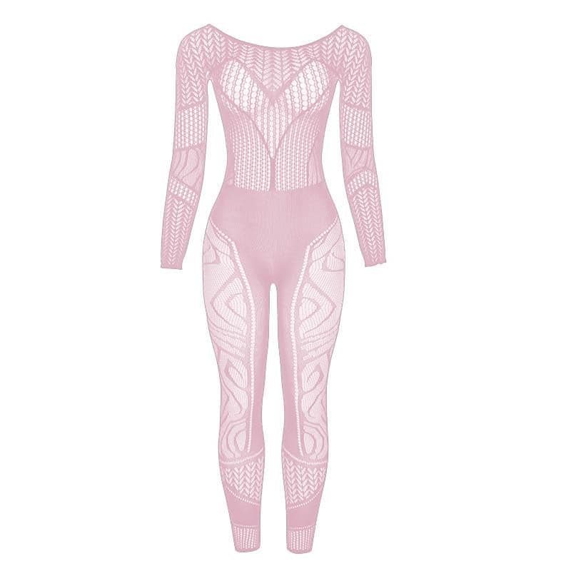 Long sleeve hollow out solid fishnet see through jumpsuit